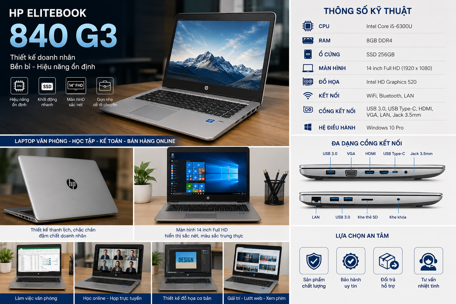 HP 840 G3 Cũ i5-6300U RAM 8GB SSD 256GB Giá Rẻ