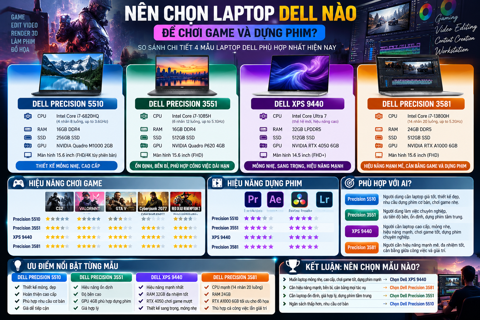 Nên mua laptop chơi game và dựng phim? So sánh 4 mẫu Dell