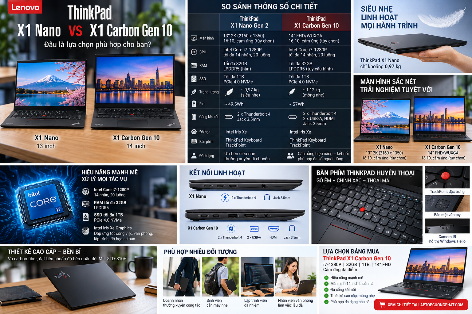 Review Lenovo ThinkPad X1 Carbon Gen 10 i7-1280P RAM 32GB SSD 1TB 14 inch FHD Cảm ứng