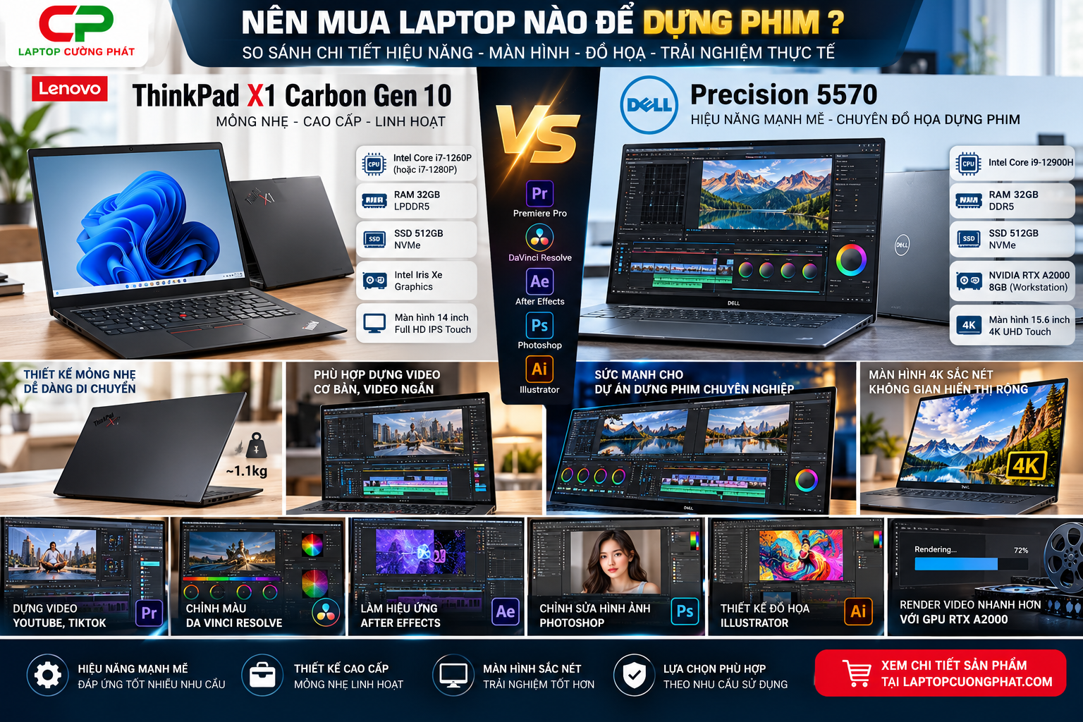 So sánh ThinkPad X1 Carbon Gen 10 và Dell Precision 5570 dựng phim