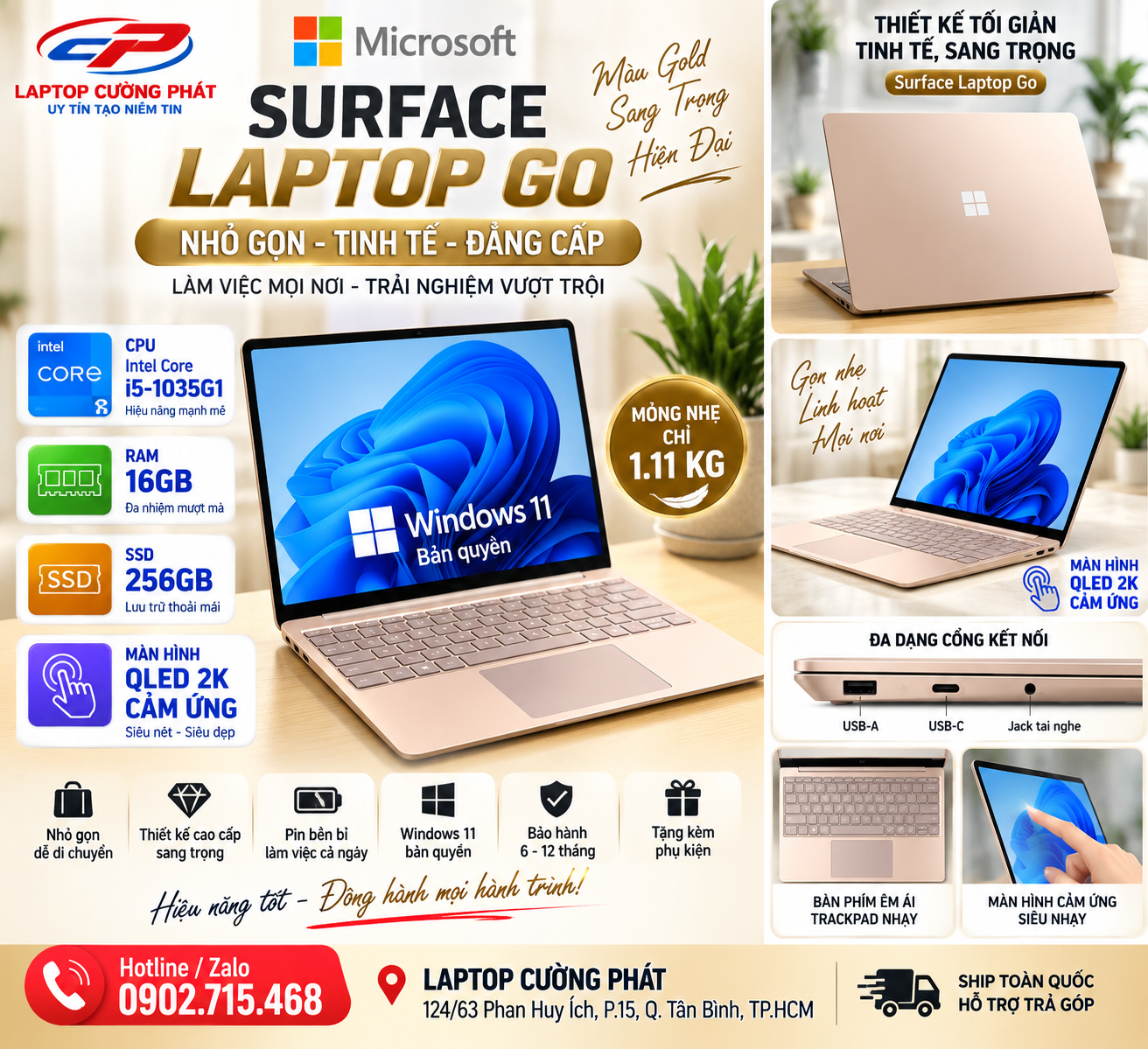 Surface Laptop Go i5 1035G1 RAM 16GB SSD 256GB – Thiết Kế Nhỏ Gọn, Màn Hình QLED 2K cảm ứng Siêu Đẹp