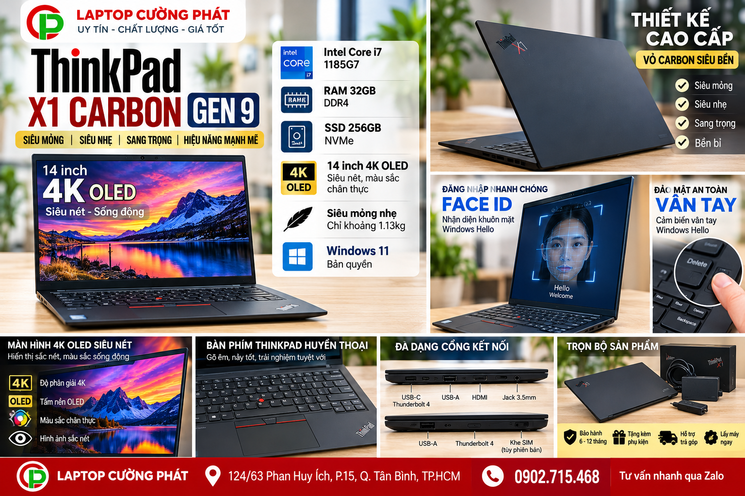 ThinkPad X1 Carbon Gen 9 Core i7 RAM 32GB ssd 256gb 14inch màn hình 4K OLED siêu nét