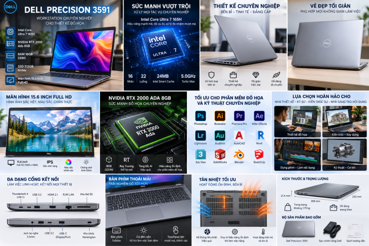 Dell Precision 3591 Ultra 7 165H RAM 16GB SSD 512GB RTX 2000 Ada 8GB 15.6 inch chuyên thiết kế đồ họa