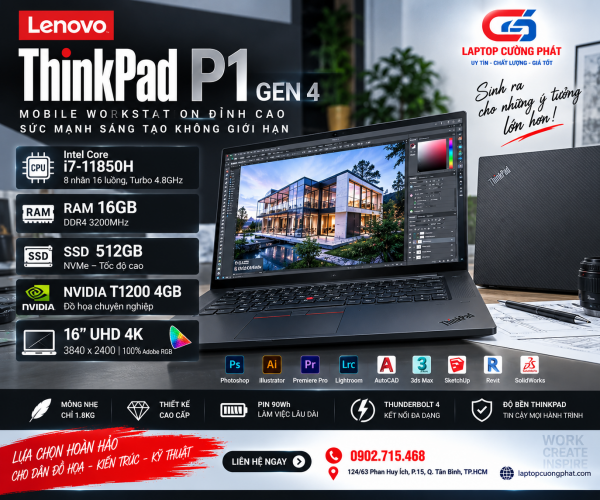 Thinkpad P1 gen 4 i7 11850H ram 16gb ssd 512gb card nividia T1200 4GB UHD 4K chuyên đồ họa